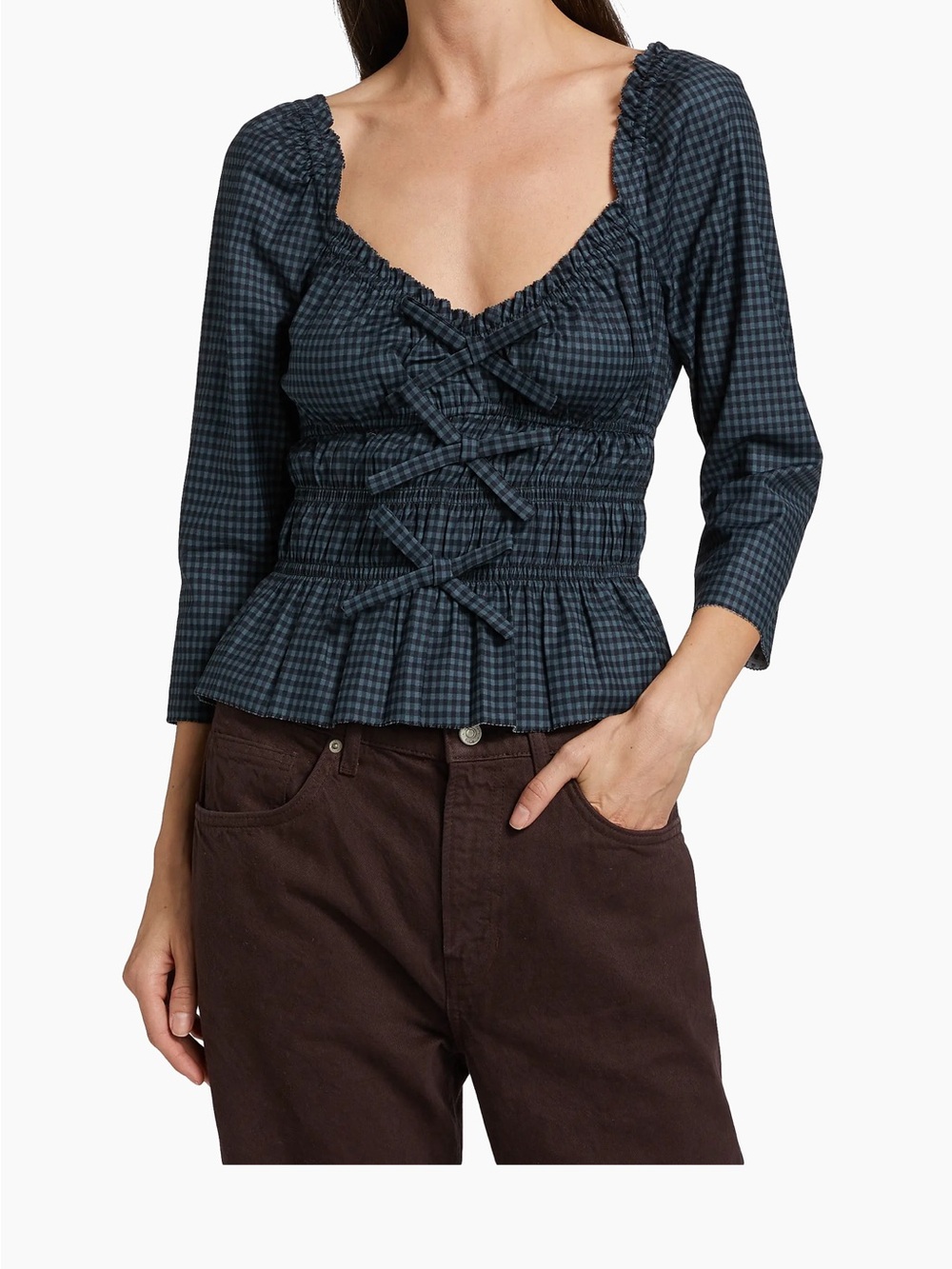 Reformation Blue and Black Smocked Peplum Plaid Blouse